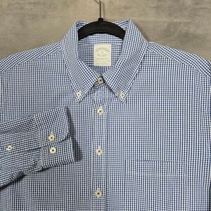 Brooks Brothers Seersucker micro gingham blue Shirt L/S Milano Mens Medium